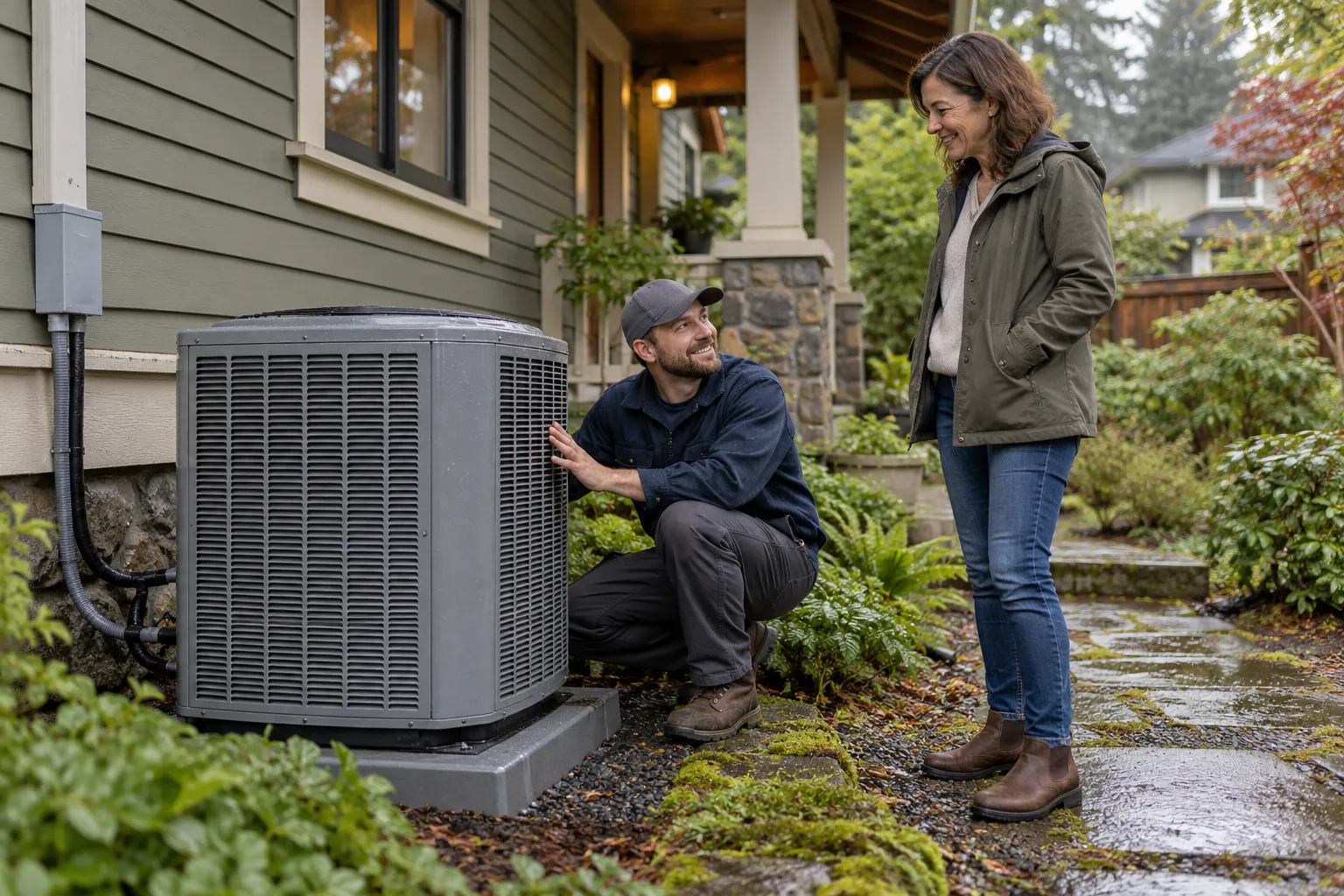 A friendly HVAC provider checking a new outdoor air conditioner beside a wood-frame home in the Hubbard area