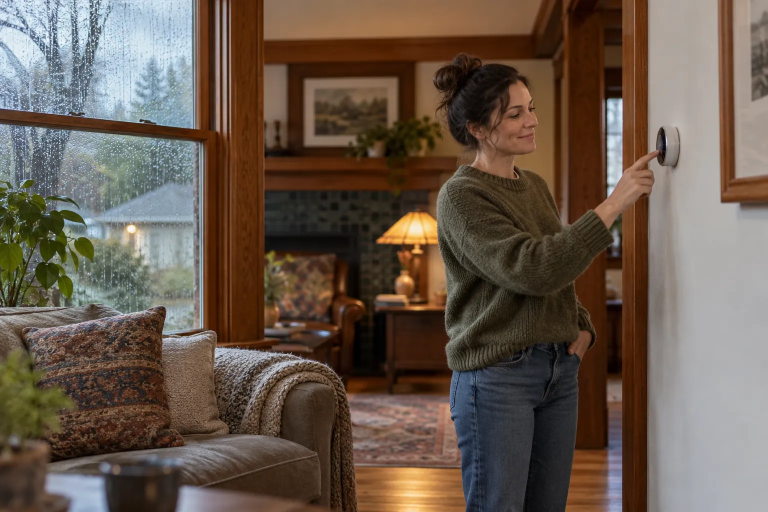 A homeowner checking a thermostat in a bright living room in Hubbard