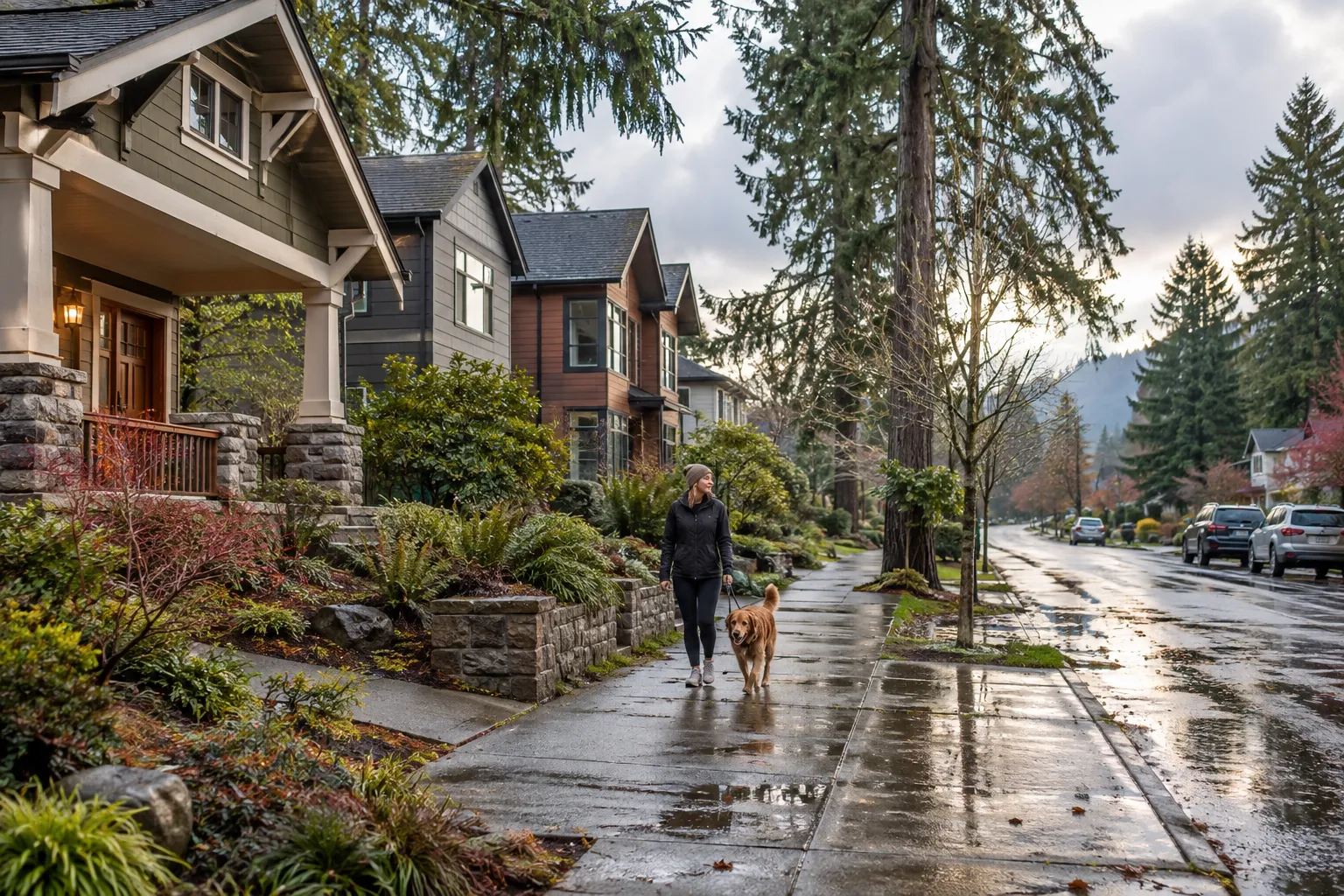 Wood-frame homes with mild, rainy weather in Hubbard